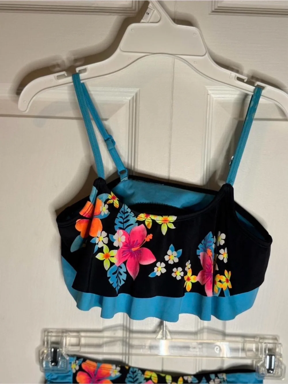 Justice Black Floral Two-Piece Bikini with Turquoise Trim
